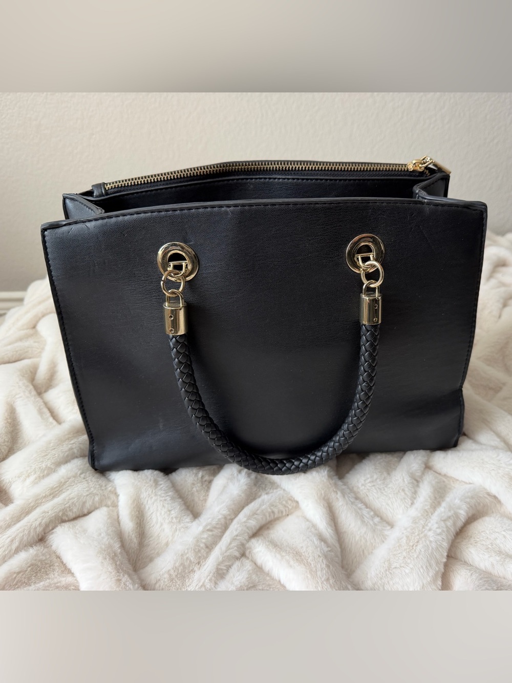 Classic Black Leather Tote with Gold Hardware